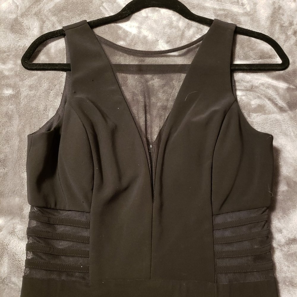 Nightway black mesh paneled floor length dress